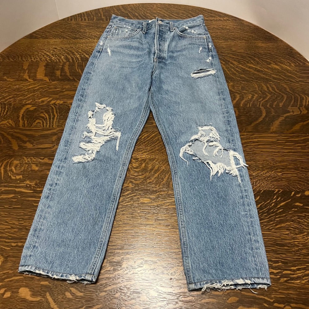 AGOLDE 90's Mid Rise Jeans Women 24 Blue Distressed Ripped Button Fly A069C-811